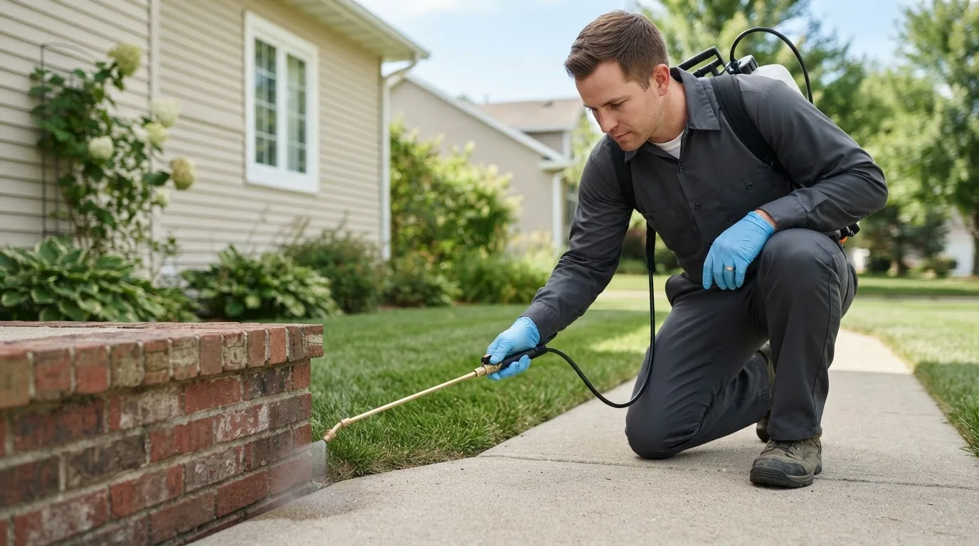 Pest control technician treating a home near Stafford, NY