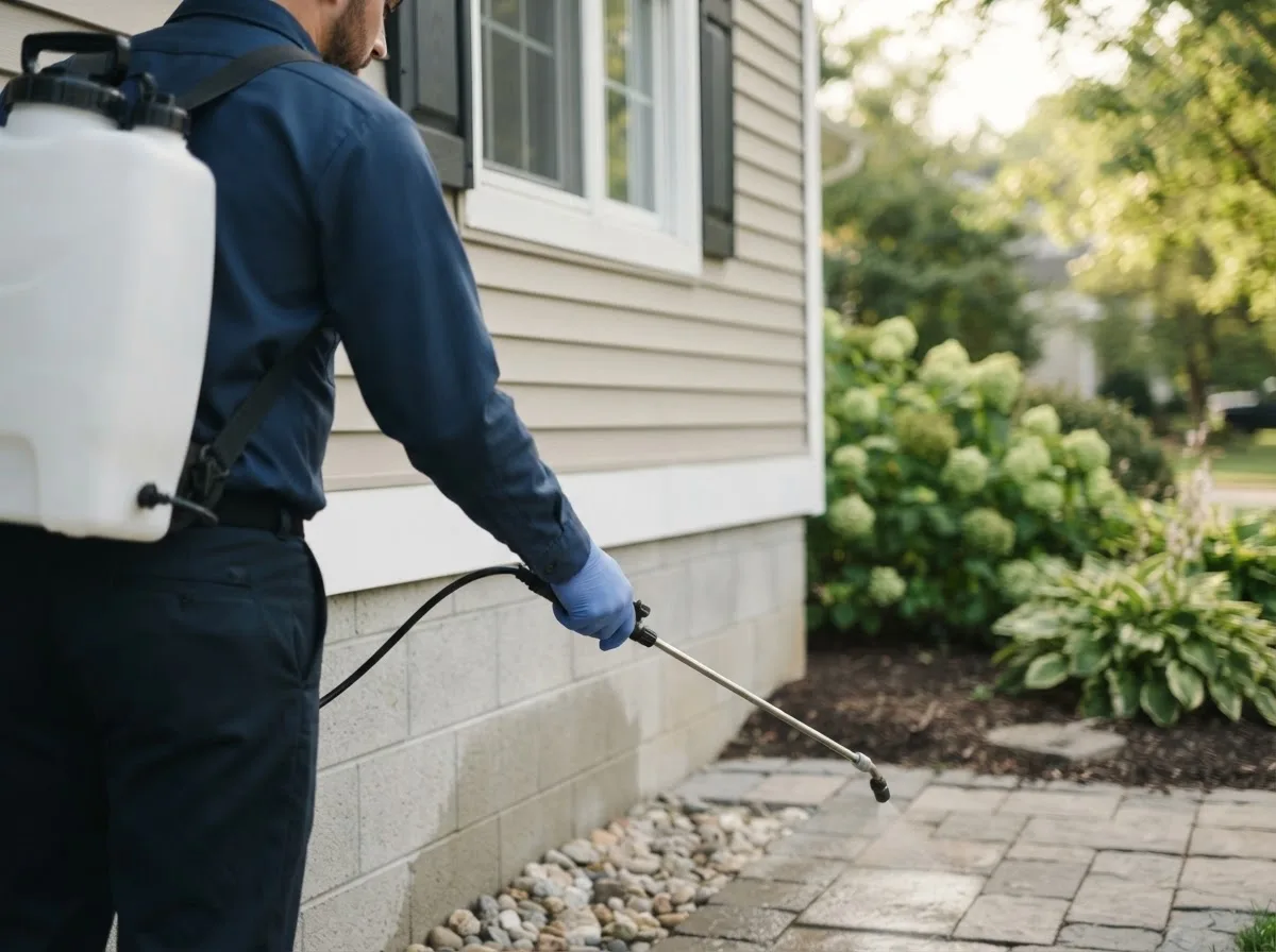 Pest control technician inspecting a home in Stafford, NY